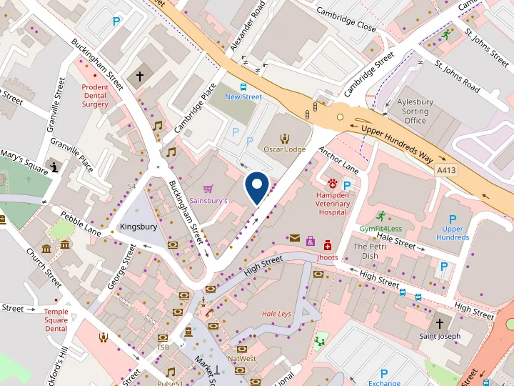 Map of Cambridge Street, Aylesbury, with a pin on Nu-Sight Opticians
