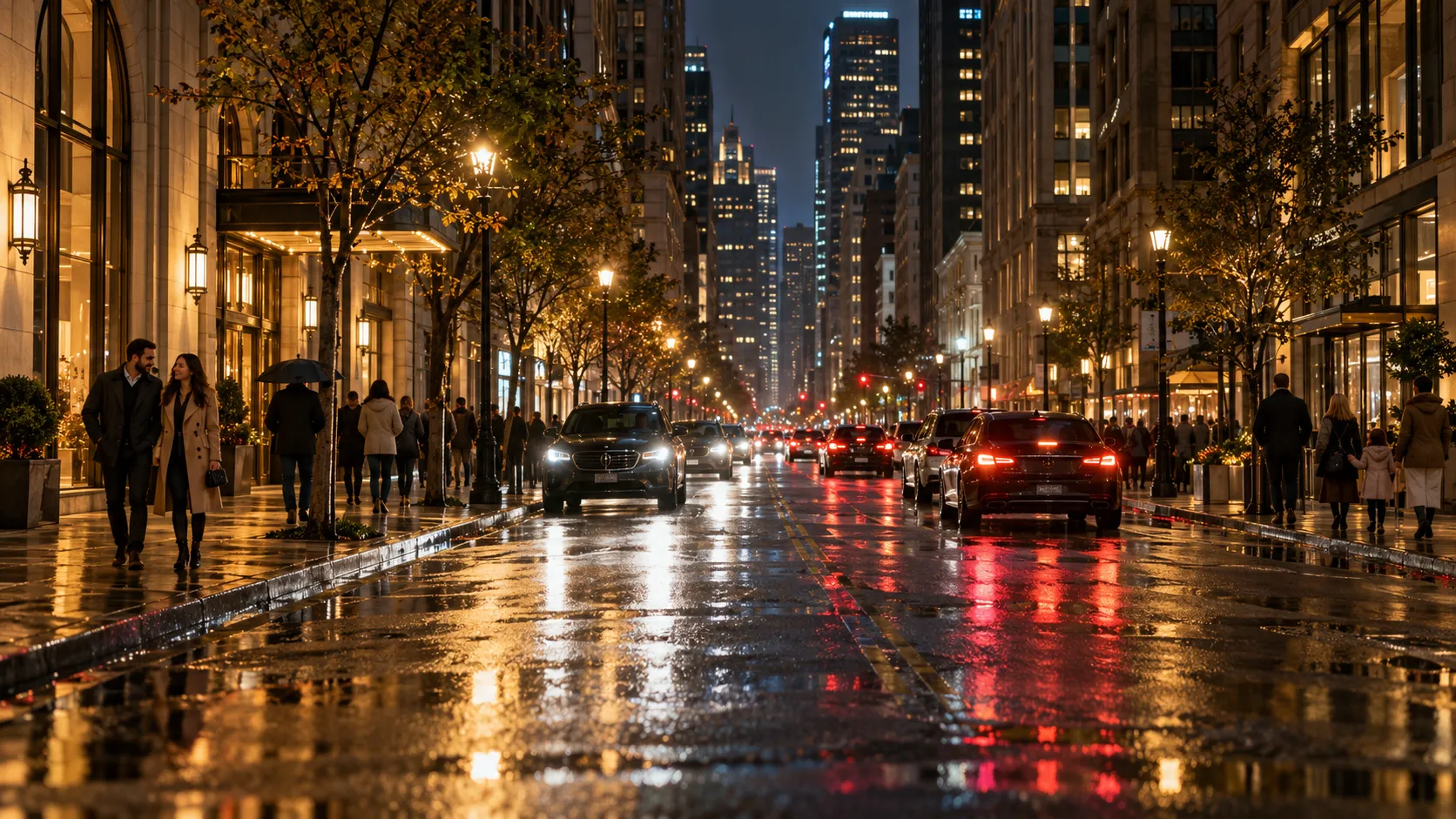 A city street at night with car lights and street lamps